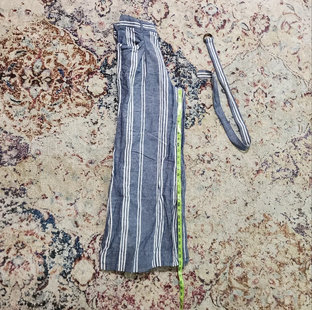 By Anthropologie Cotton & Linen Striped Wide Leg Side Slit Belted Pants Size 6 - Picture 7 of 13
